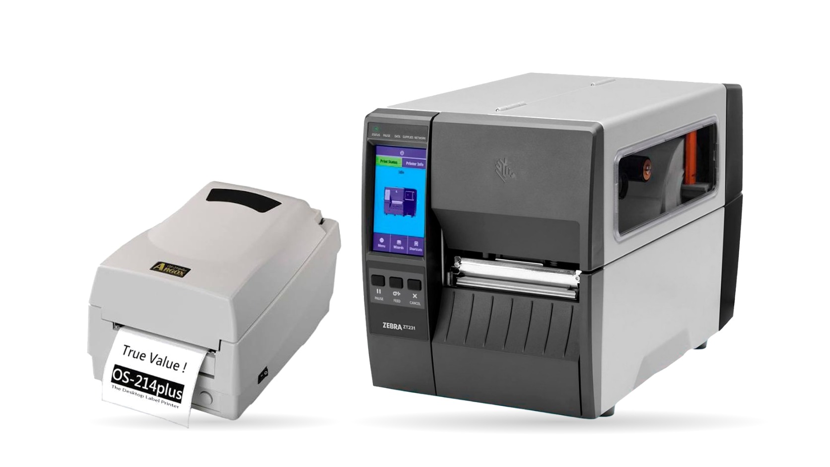 Impressoras térmicas Argox OS-214plus e Zebra ZT231 lado a lado